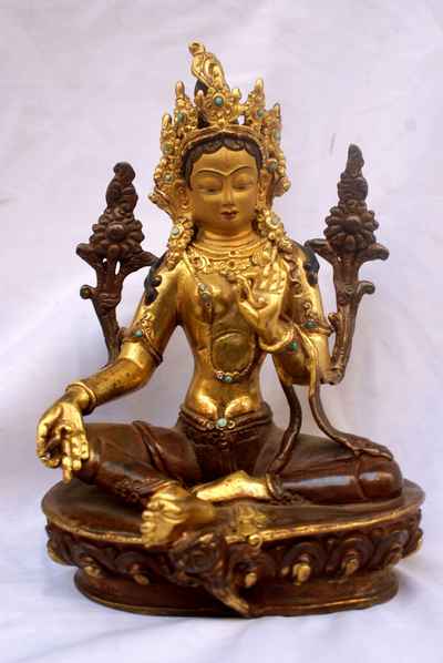 Green Tara Statue, [partly Gold Plated], [painted Face], [old Post], [remakable]