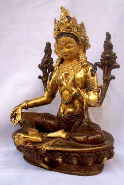 Green Tara Statue, [partly Gold Plated], [painted Face], [old Post], [remakable]