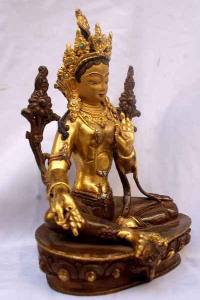 Green Tara Statue, [partly Gold Plated], [painted Face], [old Post], [remakable]