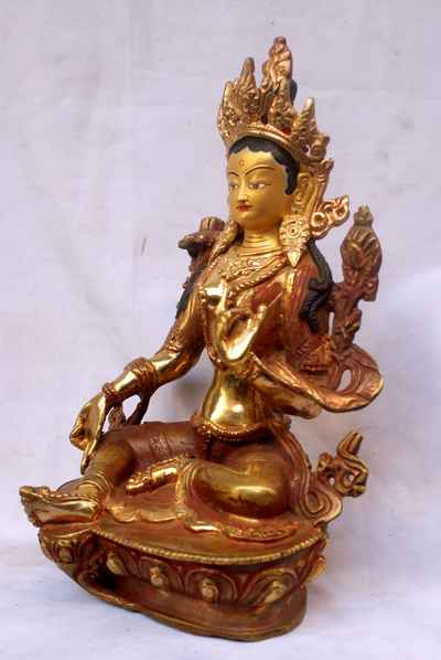 [best Price], Green Tara Statue, [partly Gold Plated], [painted Face] - For A Gift, Altars And Buddhist Ritual