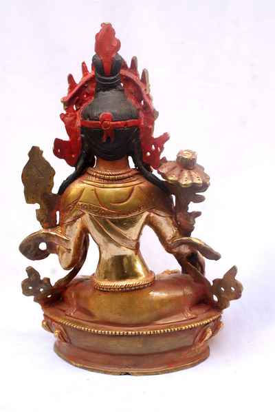 [best Price], Green Tara Statue, [partly Gold Plated], [painted Face] - For A Gift, Altars And Buddhist Ritual