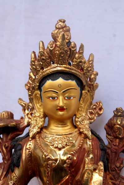 [best Price], Green Tara Statue, [partly Gold Plated], [painted Face] - For A Gift, Altars And Buddhist Ritual