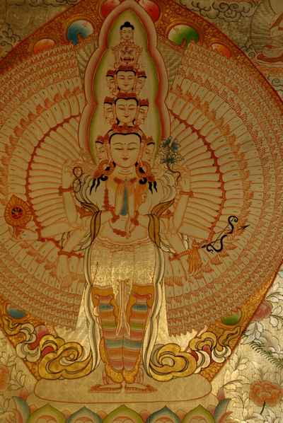 Sahasrabhuja Avalokitesvara Thangka In Real Gold With Pancha Buddha, Manjushri And Vajrapani, [old Post], [remakable]